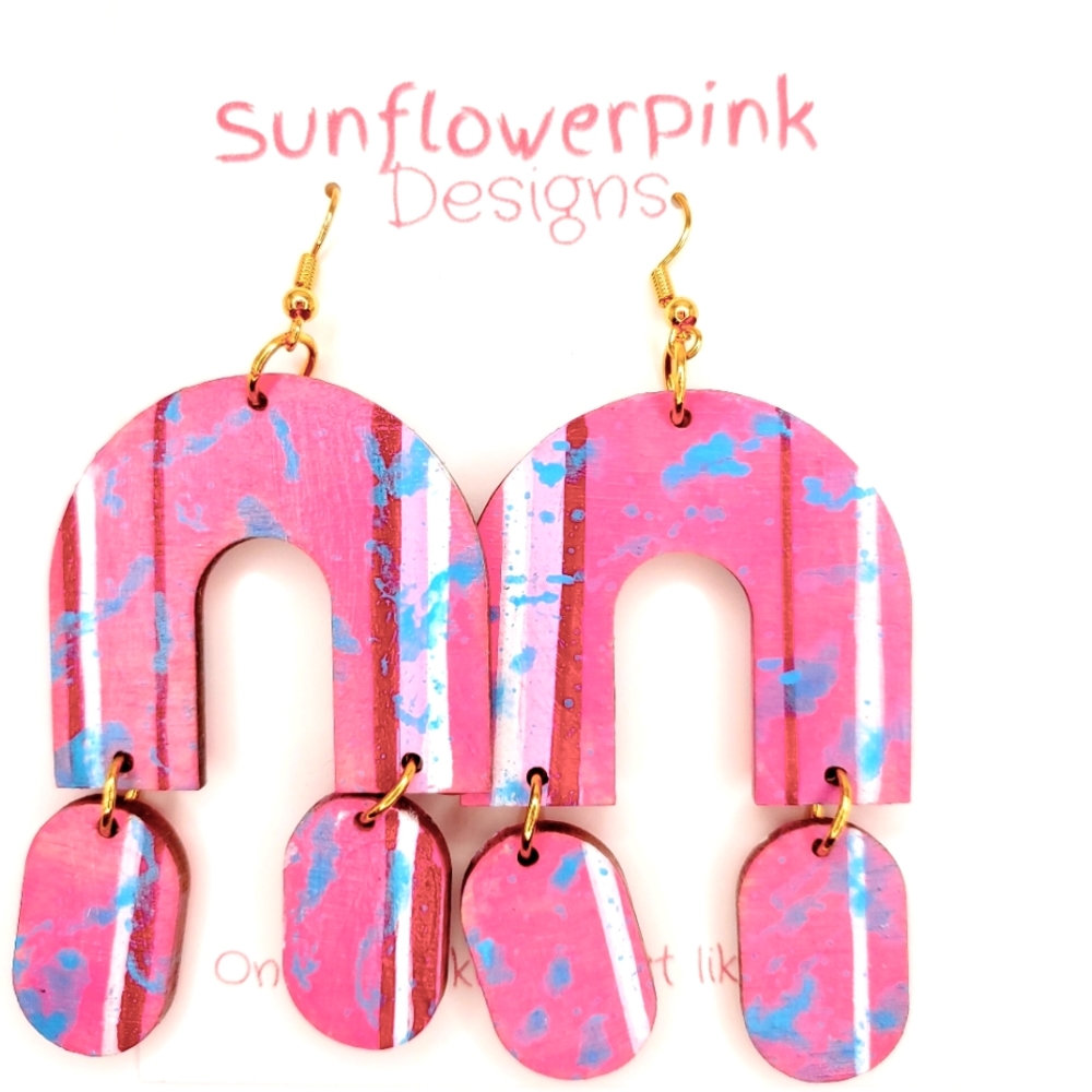Pink Statement Earrings, Handpainted Wooden,New,3 inch dangle,Boho, one of a …